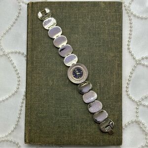 Two-Tone Coin Bracelet Watch with Black Diamanté Dial